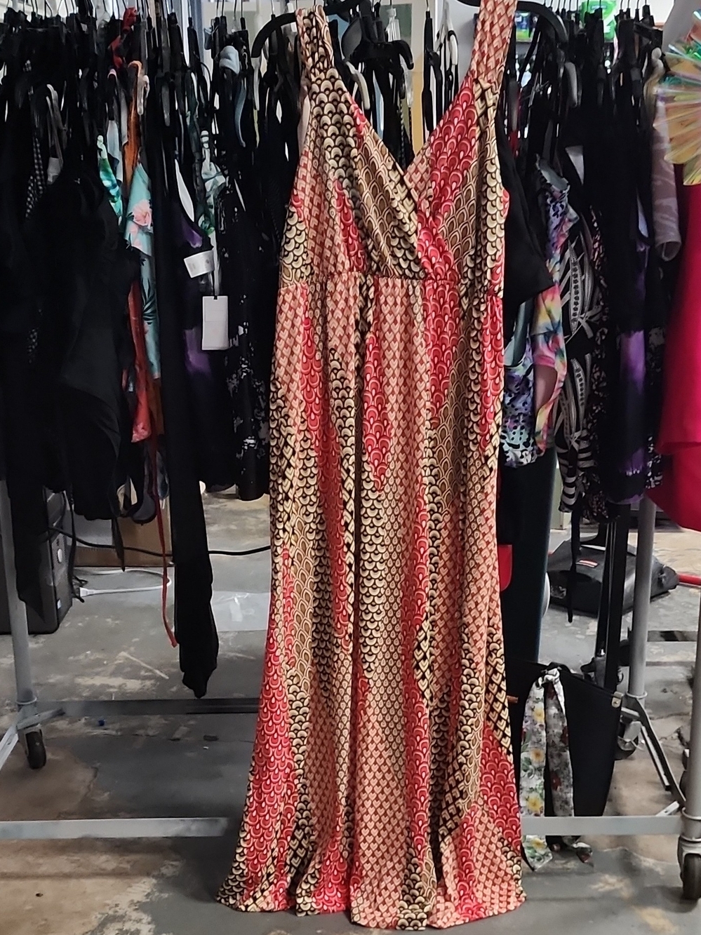 SHEIN Coral and Black Patterned V-Neck Maxi Dress